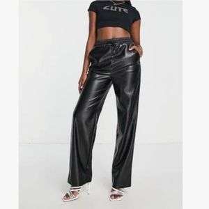 4th & Reckless leather look Straight Leg Pants With Deep Waistband in Black